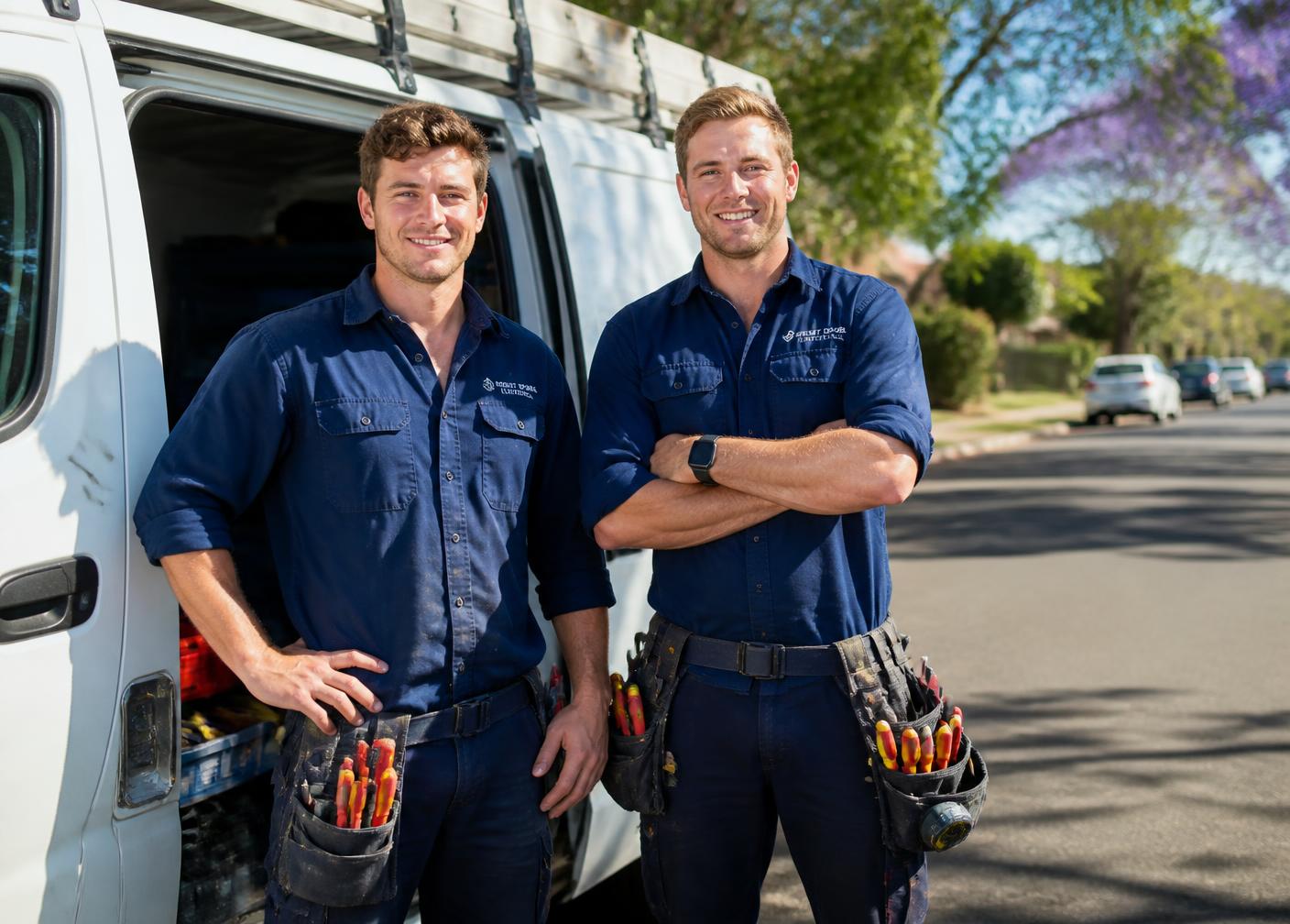 The Harbourline Electrical team beside their work van in Sydney